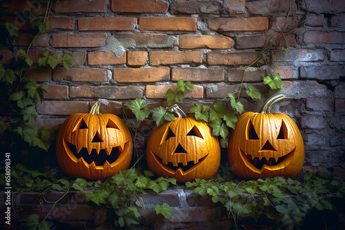 three smiling jack-o-lanterns on a masonry ledge