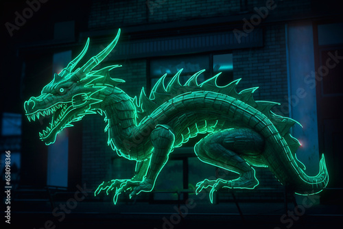 Green neon dragon. Year of the Dragon. Chinese new year. © Yuliia