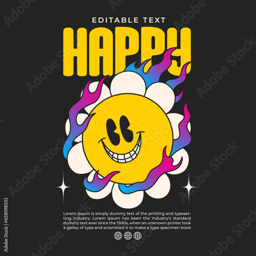 streetwear smile of daisy flower groovy character 90s design illustration
