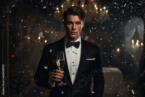 Celebrating New Year in style: a suited man with a drink in hand