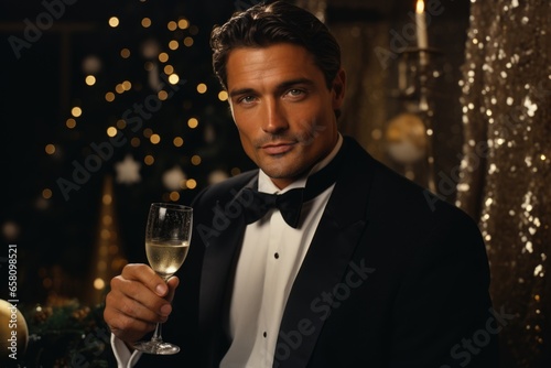 A dapper man in a New Year's attire, toasting with a glass