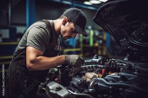 Car mechanic working in auto repair shop. Handsome young man in uniform working with car engine