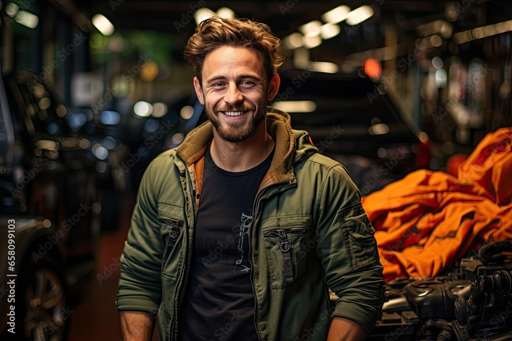 Car mechanic working in auto repair shop. Handsome young man in uniform working with car engine Car mechanic working in auto repair shop. Handsome young man in uniform working with car engine