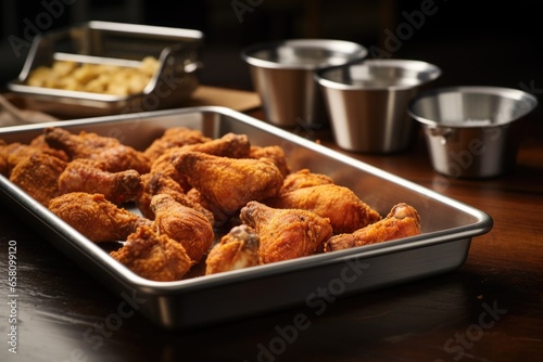 stainless steel tray filled with a line of fried chicken pieces