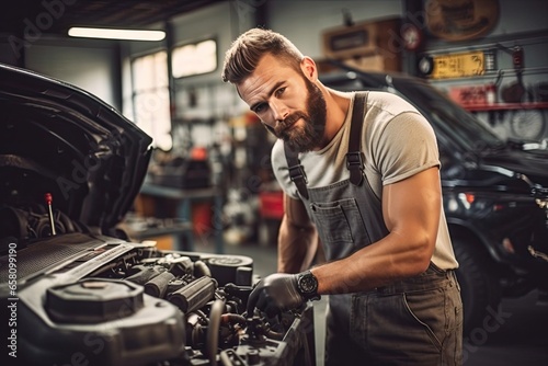 Car mechanic working in auto repair shop. Handsome young man in uniform working with car engine © ttonaorh