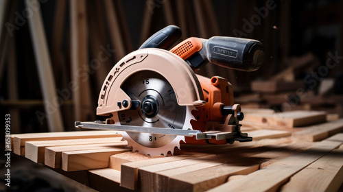 Circular saw are sold in the power tool store. Electric hand tool for cutting wood or metal. photo