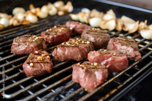 steak tips and garlic cloves on metallic grill grates