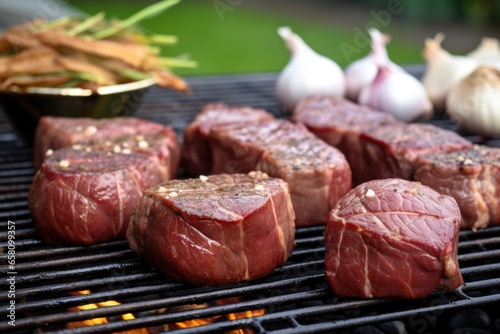 steaks tips on a bbq with large garlic cloves in background