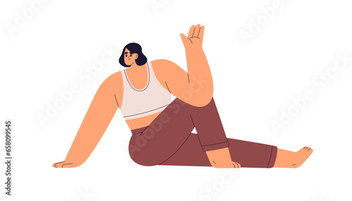 Woman in seated spinal twist yoga pose. Young girl exercising, training body in Ardha Matsyendrasana asana, sitting position, stretching posture. Flat vector illustration isolated on white background