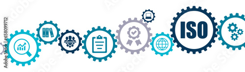 ISO classification process and quality management banner vector illustration for business and companies with icons of QA, standardization, requirement certified by international standard organization