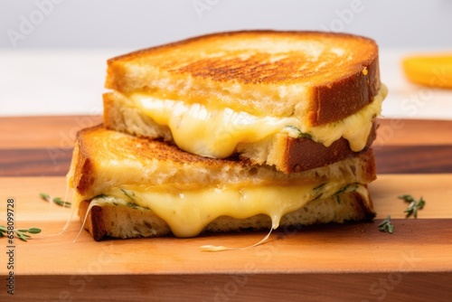 overhead shot of a grilled cheese with melting cheese