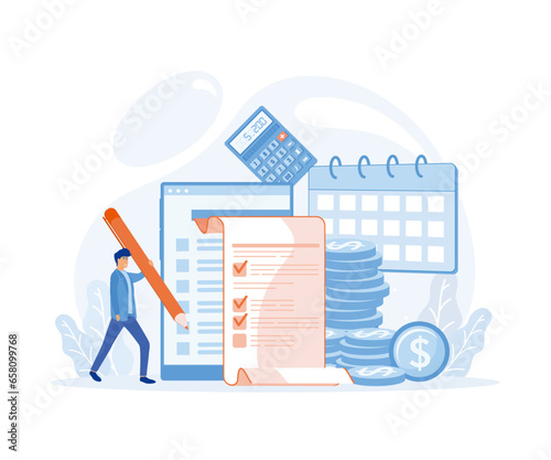 Payroll income concept,  salary payment annual bonus. payout with paper, calculator, and people character, flat vector modern illustration 