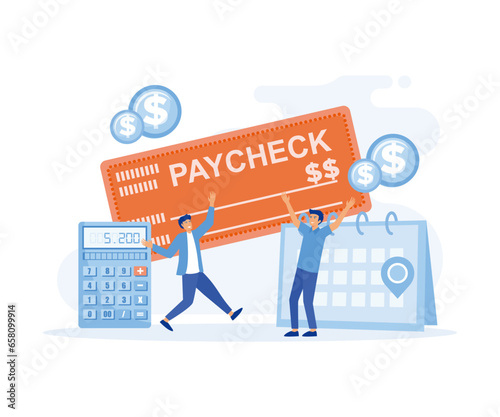 Paycheck cash, payroll tax deposit, payroll software concept. Money prize. Cash lottery winning. Salary payment. Calendar with payday. flat vector modern illustration