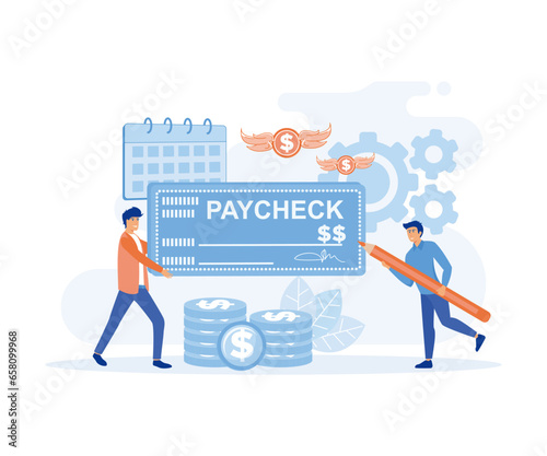 Characters with Pay Check, man Carry Huge Paycheck, Man with Ink Pen for Signing, People Get Cash Salary Payment with Company Bank Cheque, Payroll. flat vector modern illustration