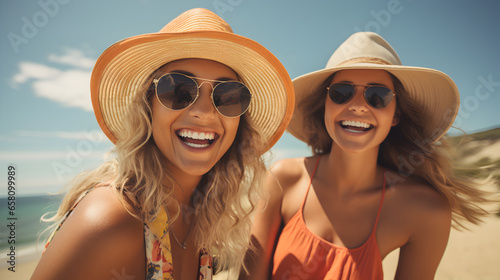 Two Female Friends Taking Selfies on a Sunny Summer Day © Custom Media