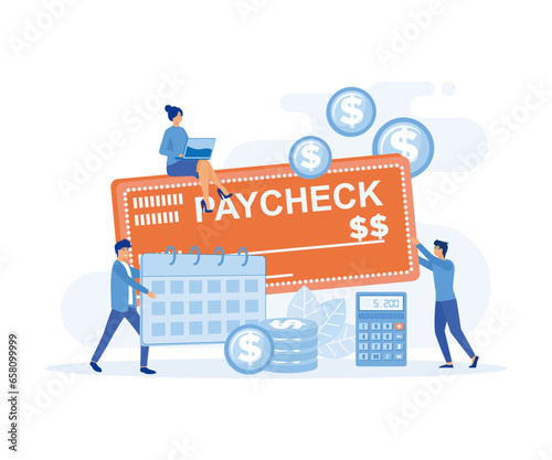 Salary and payroll concept,  employees and calendar with payday and a paycheck, flat vector modern illustration 