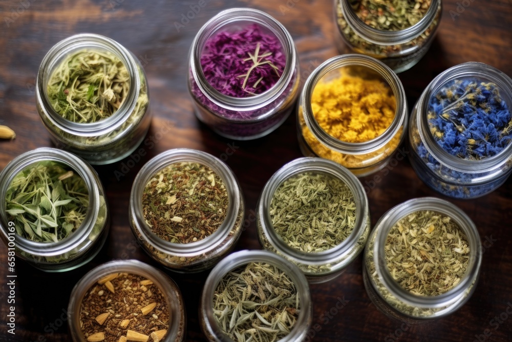 top down shot of an assortment of dried herbal tea in jars top down shot of an assortment of dried herbal tea in jars