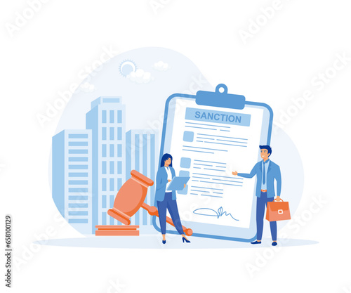 Sanctions concept. Business people discussing sanctions list. flat vector modern illustration 
