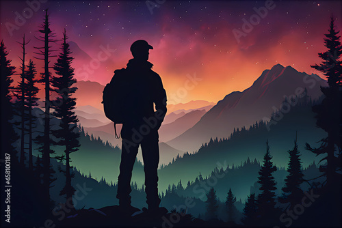 silhouette of a man hiking backpacking through the forest and stopping to gaze at a beautiful vivid sunset over the mountain landscape