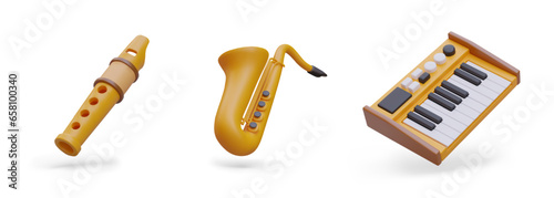 3d collection of different instruments. Realistic flute, gold saxophone and synthesizer. Musical instruments for creating new music. Vector illustration in yellow colors