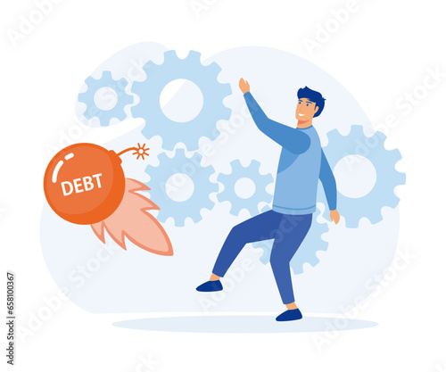 Debt free or freedom for pay off debts, solution to solve financial problem, Businessman kicking debt bomb ball away, flat vector modern illustration