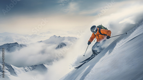 Skier doing extreme descent from snowy mountain