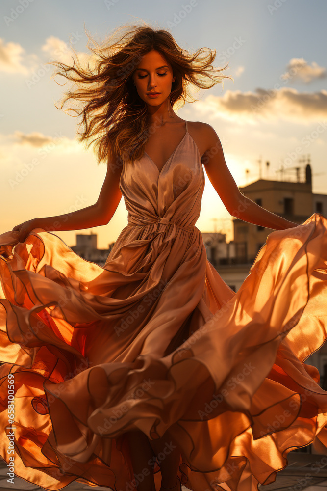 Radiant brunette gracefully dancing on a sunset-lit rooftop, embodying youthful elegance and freedom.