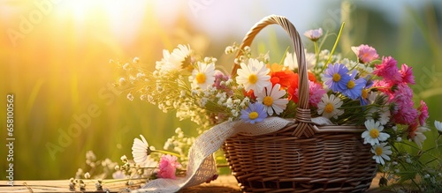 Traditional customs on 15 day of the Assumption of Mary include herbal consecration with a Christian cross and meadow flowers in a wicker basket set on a table with a natural background It 