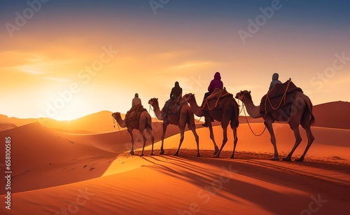 Camel caravan with people going through the sand dunes in the Desert