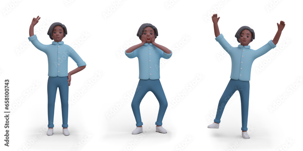 Dark skinned man in different poses. Black male character is happy, surprised, waving. Vector illustration in cartoon style. Isolated images. Guy with emotions
