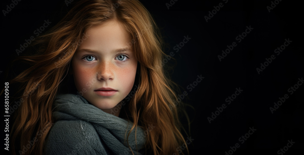 portrait studio d'une jeune fille aux cheveux longs