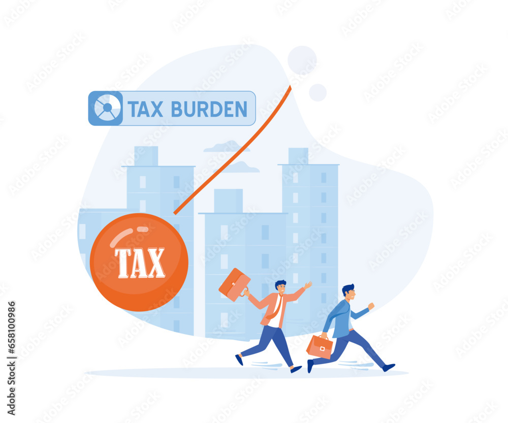 tax burden concept. Businessman running away from huge pendulum with message 'tax', flat vector modern illustration tax burden concept. Businessman running away from huge pendulum with message 'tax', flat vector modern illustration