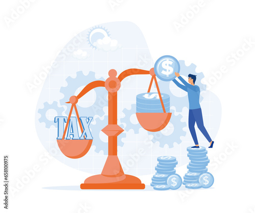 TAX burden. Business concept, Businessman use coins balancing with TAX on scales, flat vector modern illustration