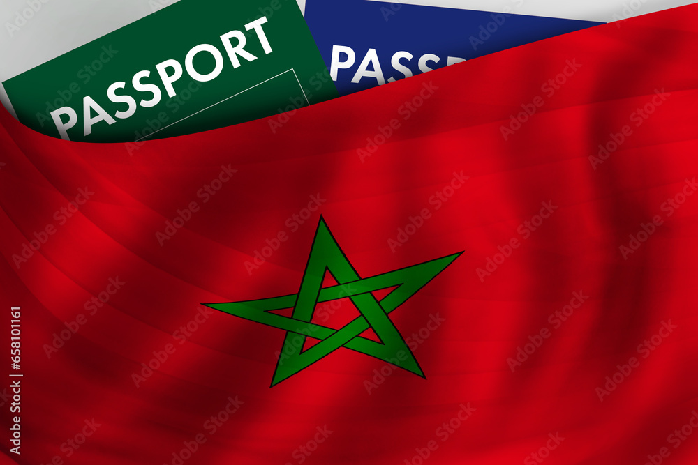 Morocco flag background and passport of Morocco. Citizenship, official legal immigration, visa, business and travel concept. Morocco flag background and passport of Morocco. Citizenship, official legal immigration, visa, business and travel concept.