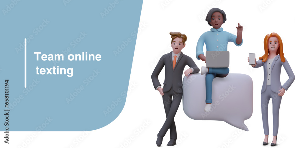 Team working together. Young female holding smartphone and sending email. American man holding laptop and texting. Vector illustration with place for text Team working together. Young female holding smartphone and sending email. American man holding laptop and texting. Vector illustration with place for text