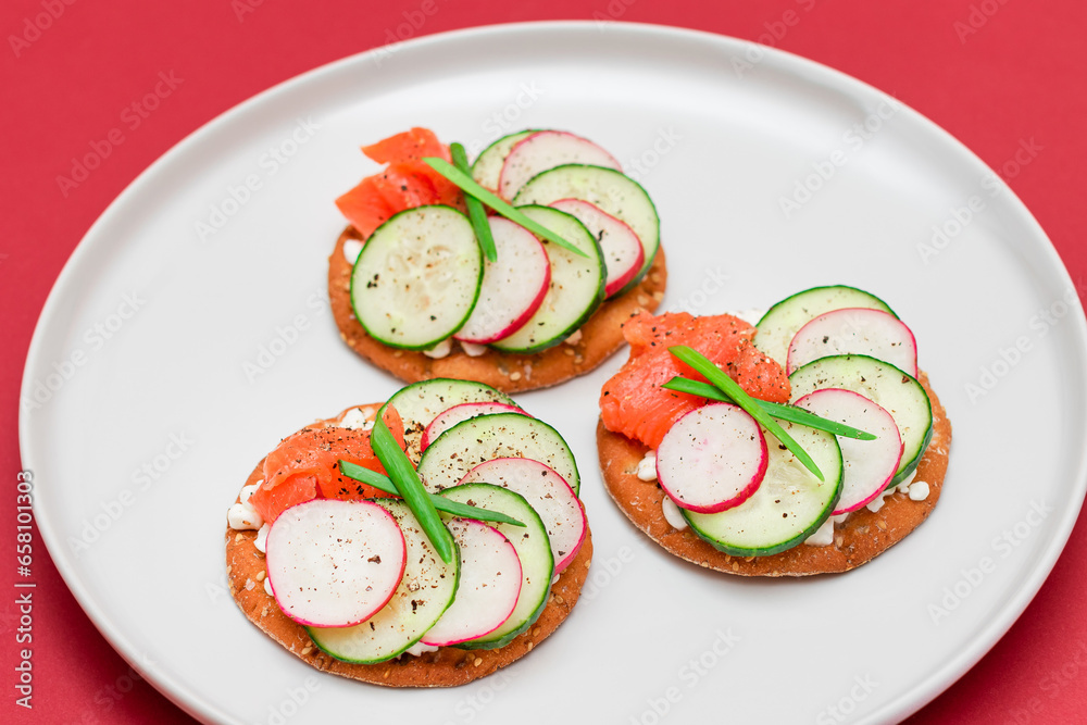 Crispy Cracker Sandwiches with Fresh Salmon, Cucumber, Radish, Cottage Cheese and Green Onions. Easy Breakfast. Quick and Healthy Sandwiches. Crispbread with Tasty Filling. Healthy Dietary Snack