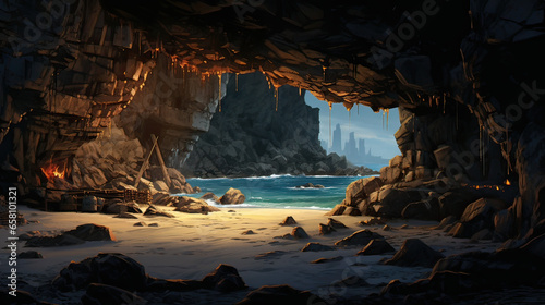 Cave Comforts: Illustrate a digital nomad finding a connection in the unlikeliest of places, such as a seaside cave.  AI generative © SK