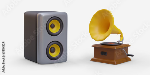Realistic column and gramophone. Modern and vintage equipment for broadcasting music. Icon set. Color vector illustration. Detailed image with shadows
