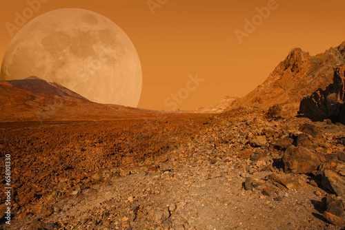 Fototapeta Naklejka Na Ścianę i Meble -  Red cosmic landscape. Mars planet scene with desert, stone, sand and sky background. Elements of this image furnished by NASA
