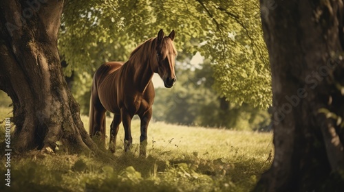 Horse eating grass next to a tree, AI generated Image