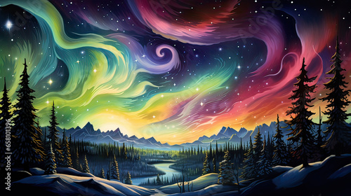 Celestial body with an eternal dance of northern lights and colorful meteor showers   AI generative © SK