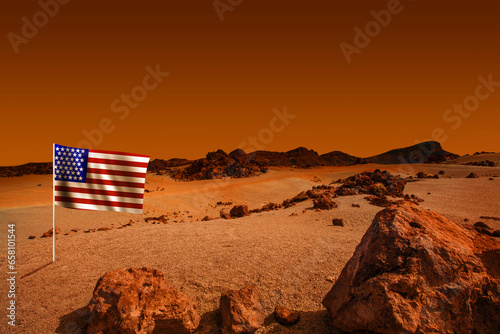 Planet landscape with American flag. Cosmic scene with desert, stone, sand and red martian heaven background