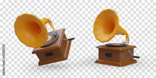 Realistic gramophone. Isolated illustrations in cartoon style. Detailed vector object in different positions. Vintage device for playing music from records