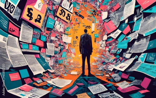 A person stands in front of a wall covered in newspaper clippings and stock market charts. They are surrounded by a sea of financial symbols and texts, representing the overwhelming 