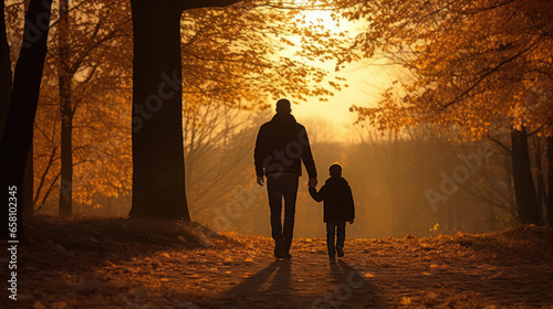 silhouette of a man and a kid walking  holding hands in the park on sunset photo