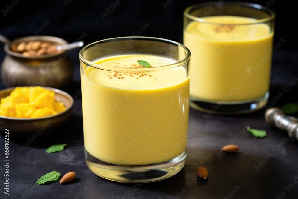 blended mango lassi in a glass with a steel handle blended mango lassi in a glass with a steel handle