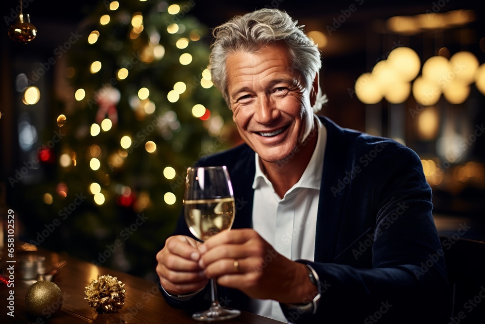 Portrait of a happy senior man holding a glass of champagne in a restaurant. Portrait of a happy senior man holding a glass of champagne in a restaurant.