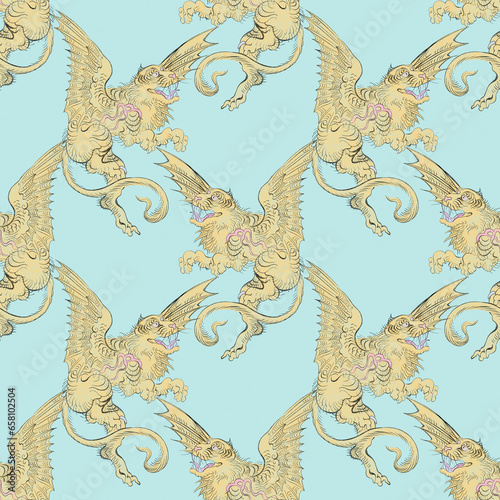 Tiger with wings flying in the clouds. Ancient Asian print. Digital art. Hand drawn. Colorful illustration. Endless repeatable pattern. Seamless Texture. 