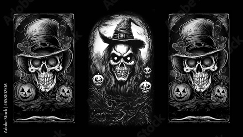 3 scary halloween skulls with witch hats and pumpkins - black and white 16x9 background - HD