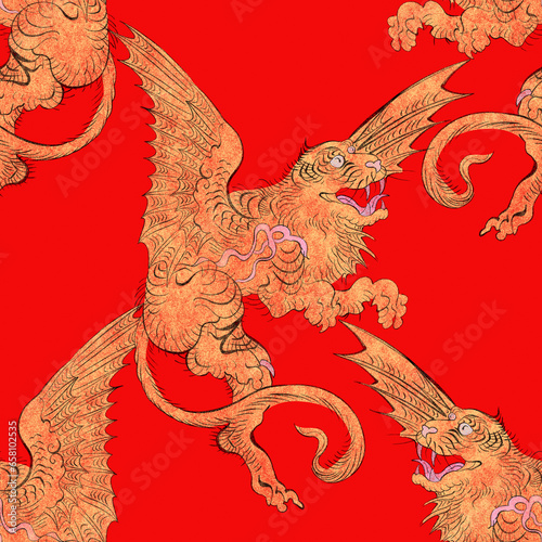 Tiger with wings flying in the clouds. Ancient Asian print. Digital art. Hand drawn. Colorful illustration. Endless repeatable pattern. Seamless Texture. 